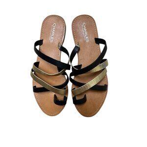 Charles by Charles David Black Gold Toe Loop Strappy Flat Sandals Womens 7.5
